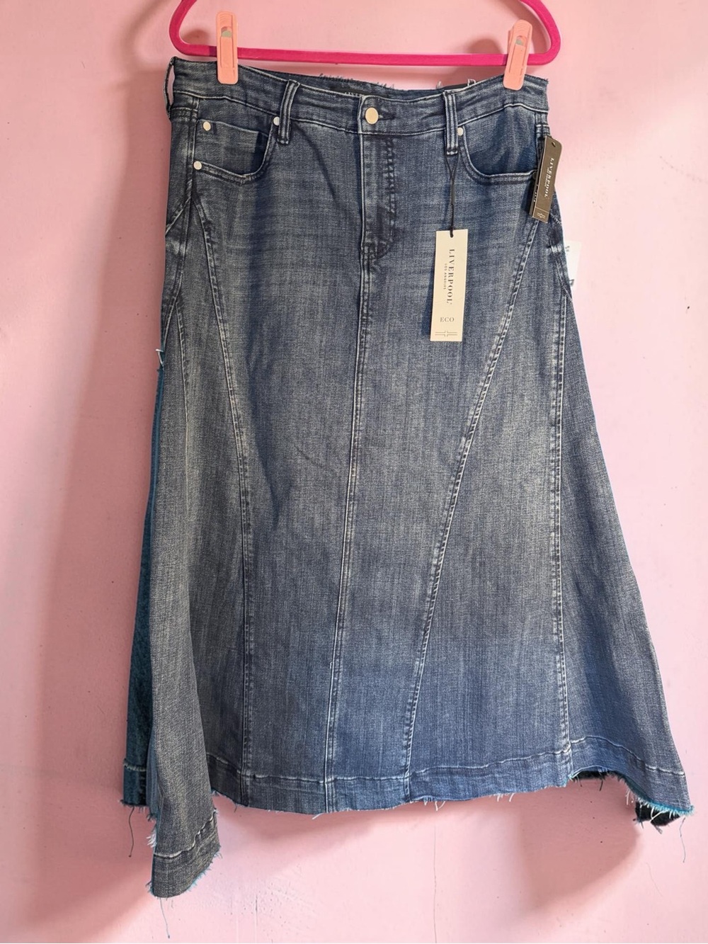 Liverpool NWT Sz 14 Blue Washed Jeans Denim A-Line Flare Midi Skirt (0815)